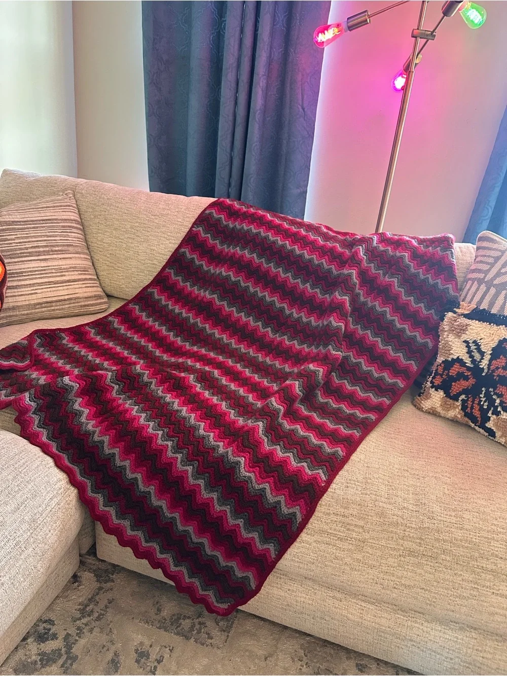 Chevron Knit Afghan Throw Blanket —Pink, Greys, Burgundy, & Brown